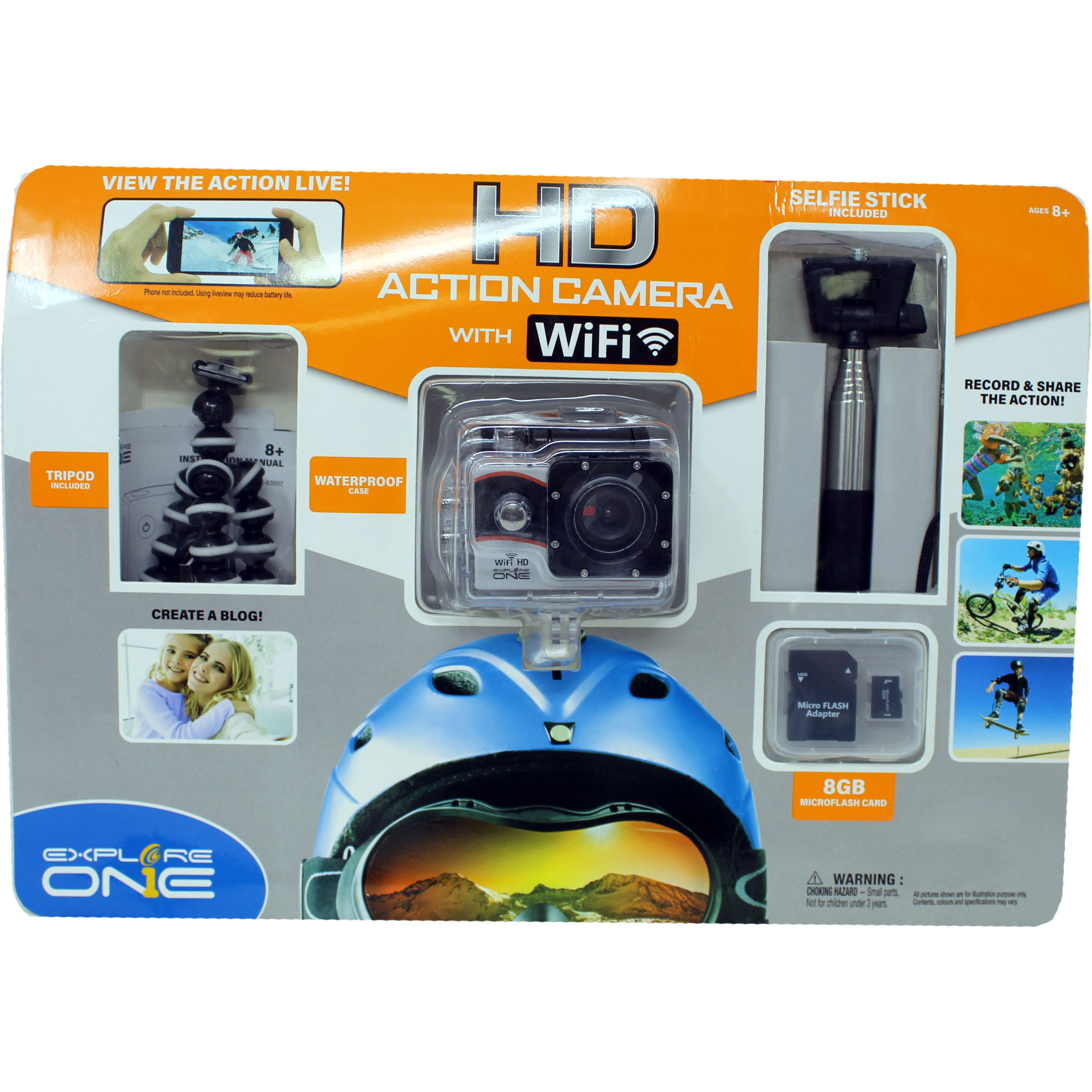 Explore One HD Action Camera with WiFi Includes Tripod Selfie Stick Accessories 