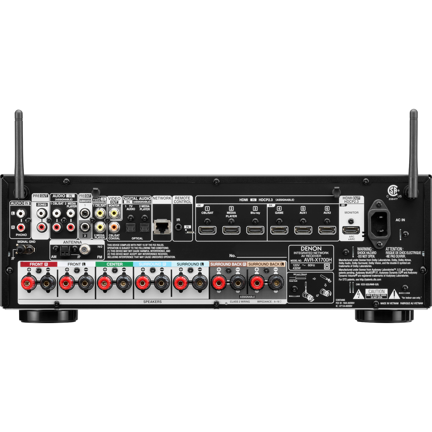 DENON AVR-X1700H 7.2-Ch x 80 Watts 8K A/V Receiver w/HEOS