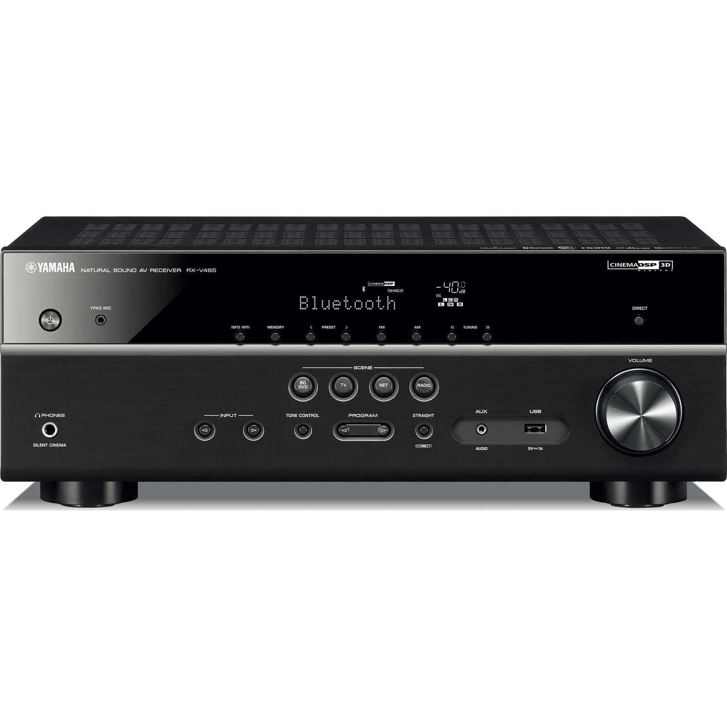 Black Yamaha RX-V485BL 5.1-Channel 4K Ultra HD AV Receiver with MusicCast 