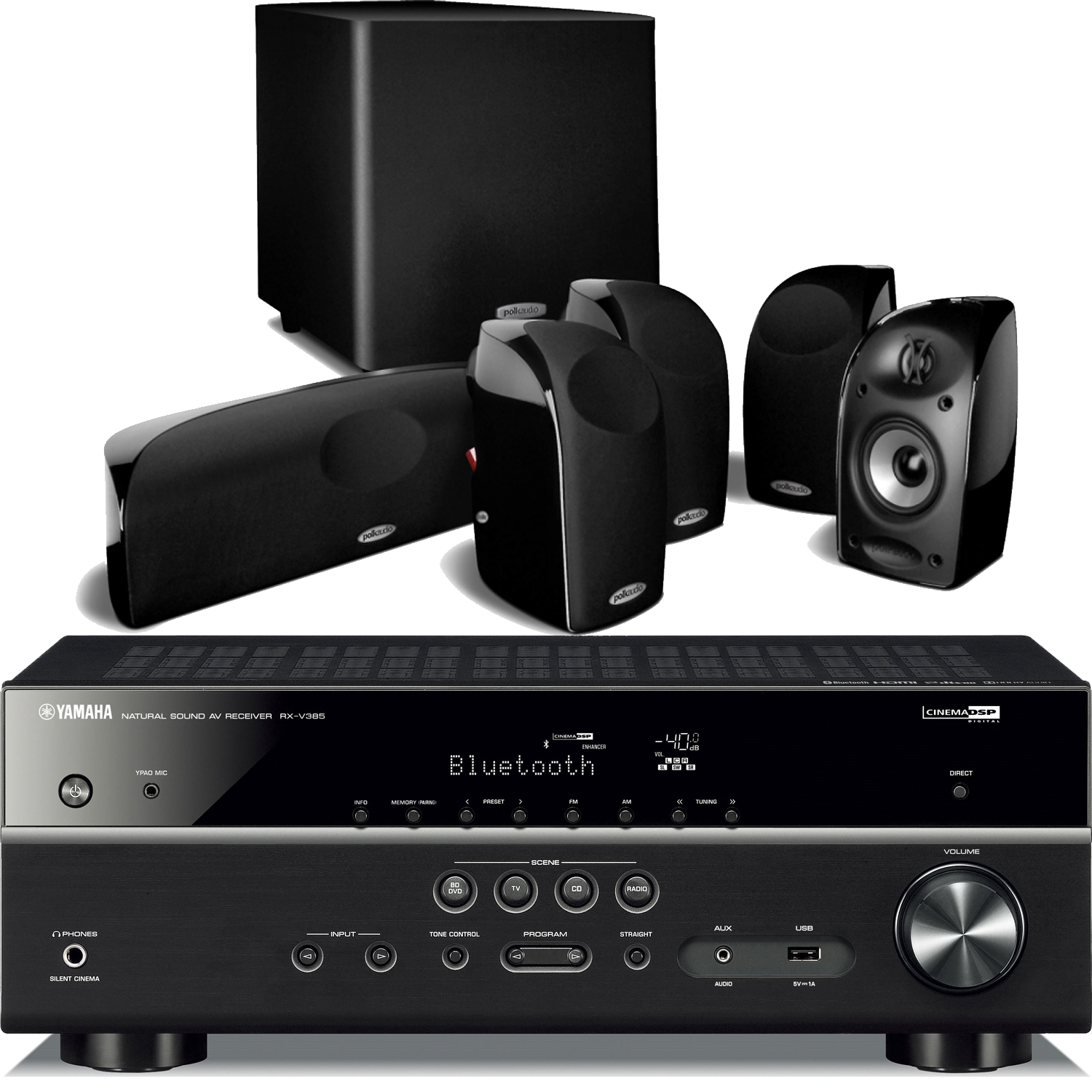 YAMAHA RX-V385 & POLK AUDIO TL1600 Home Theater Package