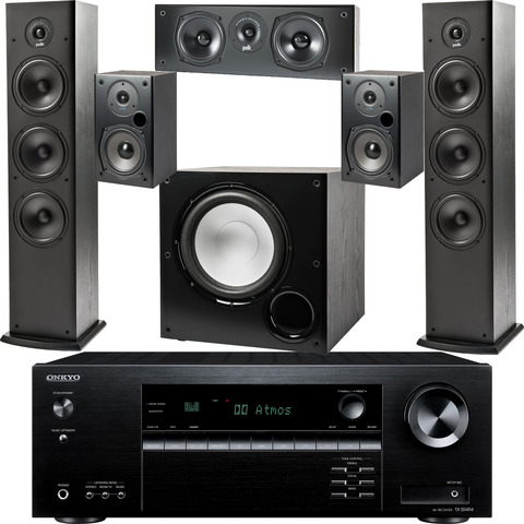 POLK AUDIO T-Series 5.1 Speaker Package & Onkyo TX-SR494 Home Theater Receiver Package NO GRILLES!